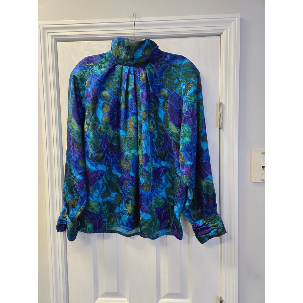 Vintage Jewel Tone Abstract Jacquard Mock Neck Blouse Blue Green 14 NWOT